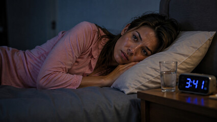 Fototapeta premium Sweaty young woman in pink cotton pajamas lying awake beside a glass of water and digital clock at 3:41 AM during a heatwave night with dim blue bedroom lighting