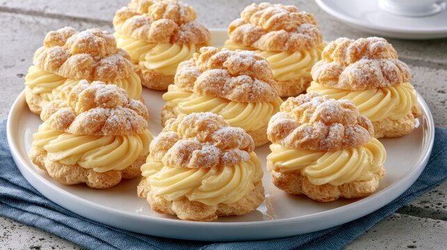 Fresh profiteroles filled with yellow custard on white plate