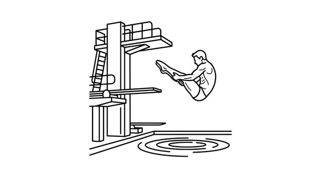 Industrial Black and White Line Drawing of Diver Falling from High Diving Platform into Circular Pool