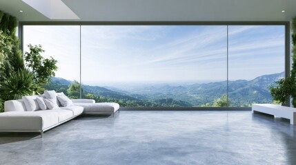 Fototapeta premium Modern white living room with panoramic mountain views.