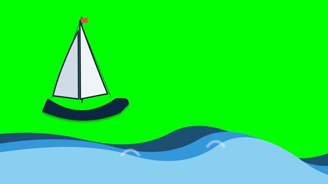 Animated sailboat illustration on stylized blue ocean waves, set on a bright green screen, perfect for compositing as a versatile element in video and graphic designs