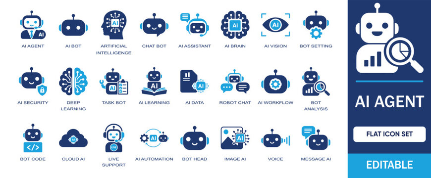 AI Agent solid icon set. Includes symbols by AI bot, AI assistant, chatbot, AI learning, AI security, AI data, machine learning, support, artificial intelligence and more vector icons collection.