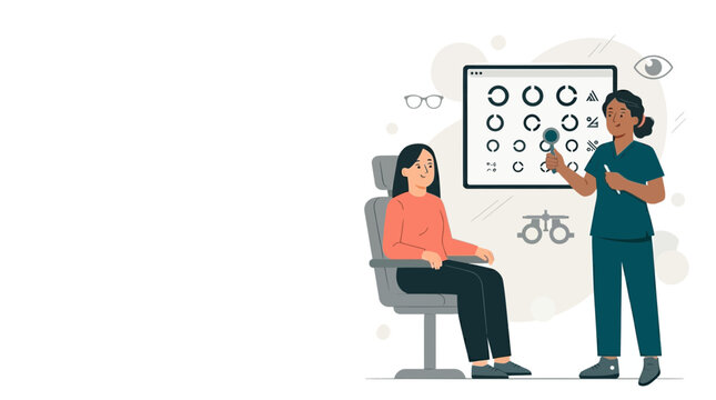 Nurse examining patient's vision with eye chart and phoropter at ophthalmology clinic, modern vector illustration.