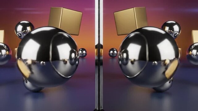 Abstract composition of floating golden cubes and chrome spheres