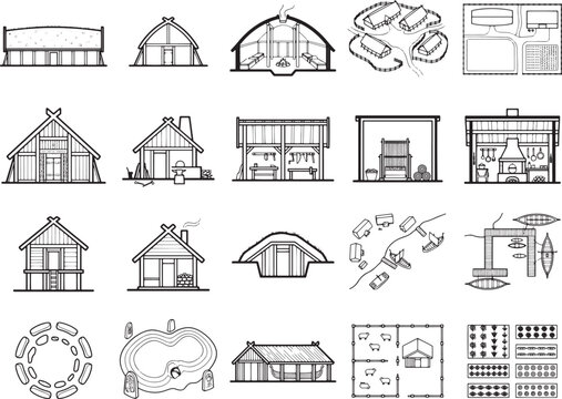 A collection of architectural drawings depicting various ancient structures, from simple dwellings and workshops to complex settlements and ceremonial sites.