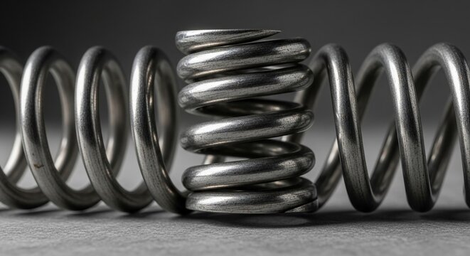 Close-up Macro View of a Metallic Steel Compression Spring Coil