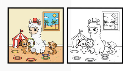 Fototapeta premium Cute Cartoon Illustration of a Llama Ring Toss Game with Two Happy Puppies Indoors