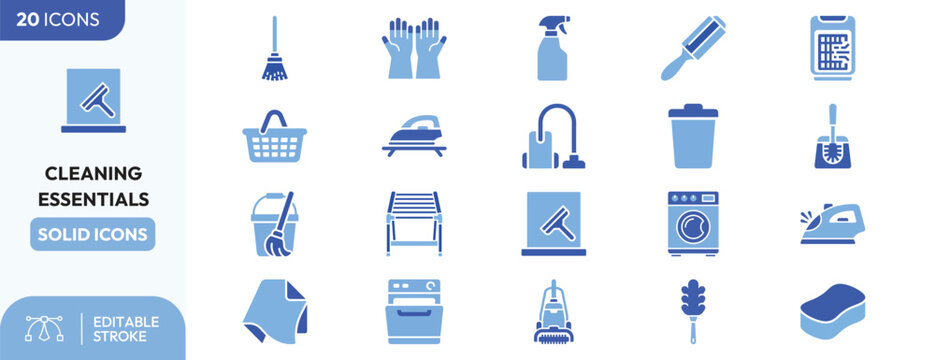Home ing set. Containing broom, spray bottle, mop, vacuum er, iron, scrub brush, gloves, trash bin, squeegee, detergent bottle, steam iron, scrubbing pad. Editable stroke. Vector illustration.