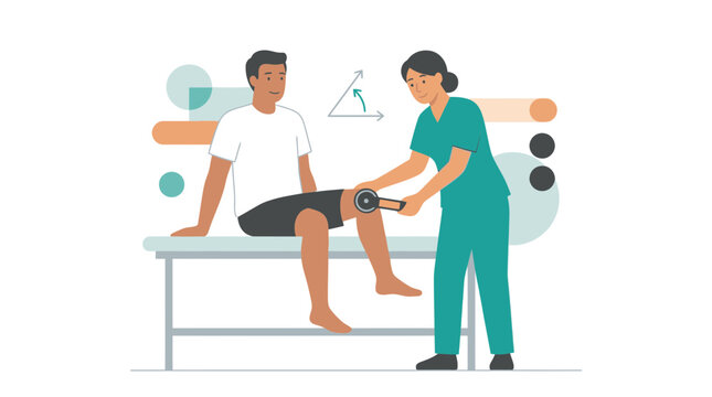 Nurse measuring knee joint angle with goniometer on patient, medical illustration with geometric shapes