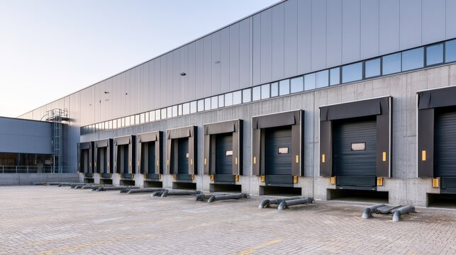 A large, modern warehouse with multiple loading docks and a concrete floor.