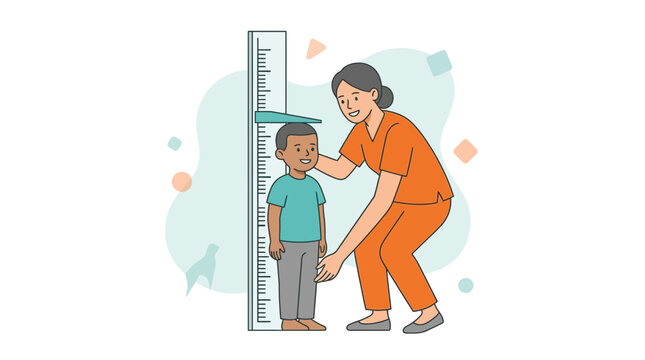 Nurse measuring child's height using stadiometer for growth check in a modern flat illustration style