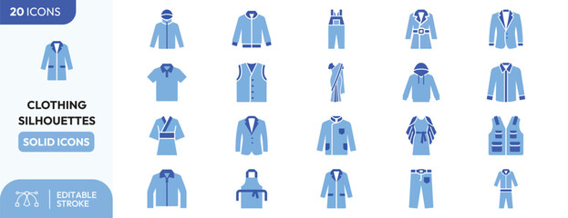 Apparel Silhouettes set. Containing lightweight jacket, blazer, vest, overalls, hoodie, dress shirt, sweater, tie, trench coat, raincoat, windbreaker, apron, lab. Editable stroke. Vector illustration. © Aplha