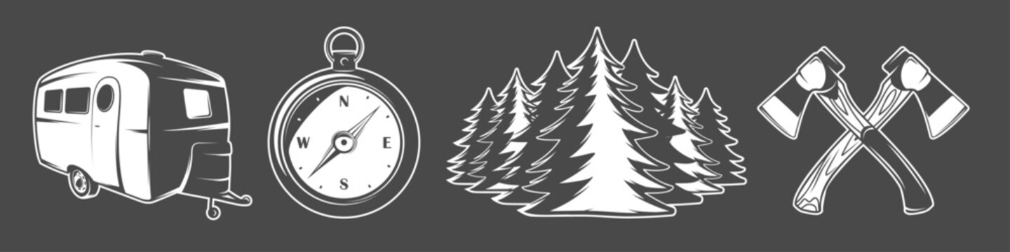 Camping icons set includes a trailer, compass, pine trees, and crossed axes. Design element for hiking, outdoor adventure, and camping trips. Vector illustration
