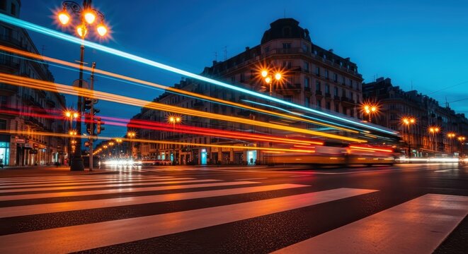 Long Exposure City Street Night Scene with Colorful Light Trails and Pedestrian Crossing in Urban European Cityscape