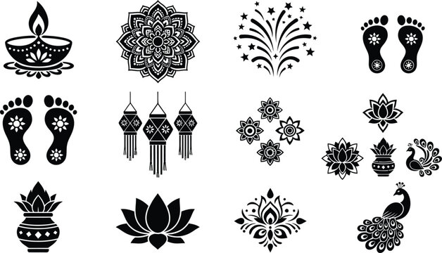 Diwali Symbols Silhouette Collection in Black and White