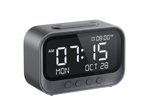 Modern Grey Digital Alarm Clock with LED Display, White Numbers, Shows Time, Date, Day, Sleek Minimalist Design for Home Office, Isolated on White, Morning Punctuality Concept