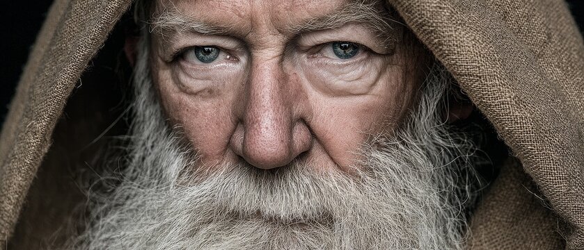 Close up of old man with grey beard under hood looking seriously at camera on dark background