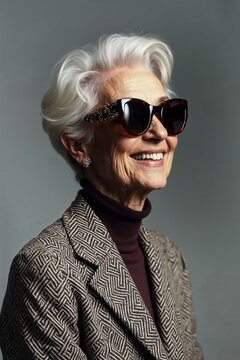 Stylish elderly woman in sunglasses and patterned jacket, smiling confidently