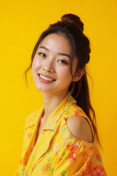 Smiling woman in yellow floral shirt with bright yellow background