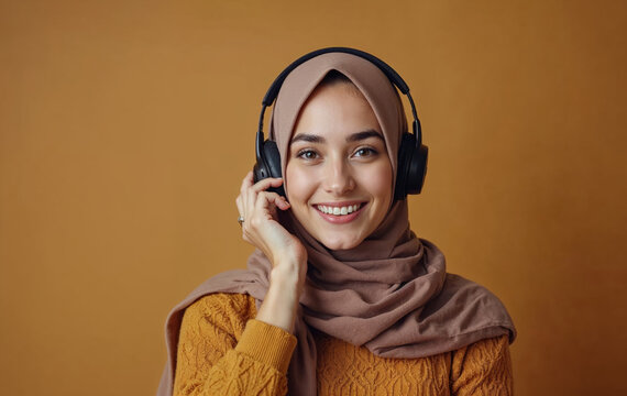 Smiling woman in hijab enjoying music with headphones on brown background