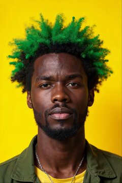 Portrait of a man with green hair against a yellow background