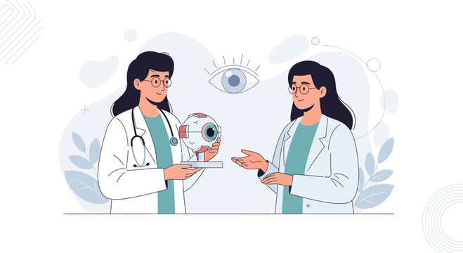Ophthalmologists Discussing Eye Anatomy with Model and Symbol