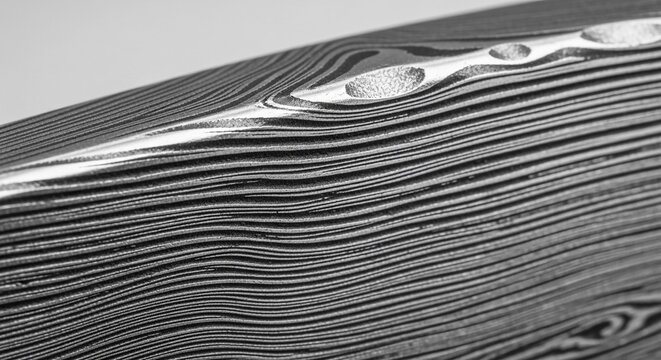 Intricate forged damascus steel pattern with layered wavy lines and metallic sheen