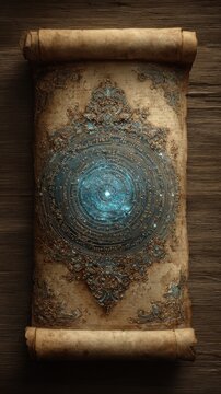 An ancient scroll displays an intricate glowing blue mandala surrounded by ornate golden filigree against a dark wooden.