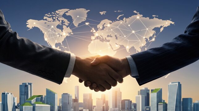 Business handshake global partnership world map skyline, international cooperation, deal agreement, corporate alliance, networking connection, economic growth, sunrise city back...