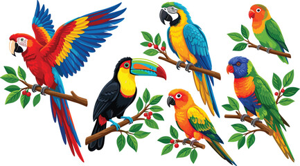 Vibrant Tropical Birds Vector Collection Featuring Macaws Toucan Conure Lovebird and Rainbow Lorikeet Perched on Green Tree Branches for Exotic Wildlife Designs © MDFahim