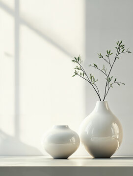 Elegant minimalist vases with branches bathed in natural light
