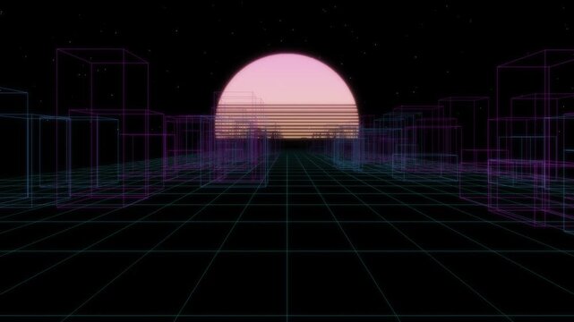 Retrowave wireframe city flythrough with neon sun and grid, seamless loop