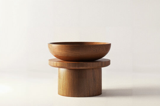 Minimalist wooden bowl on natural oak pedestal against white