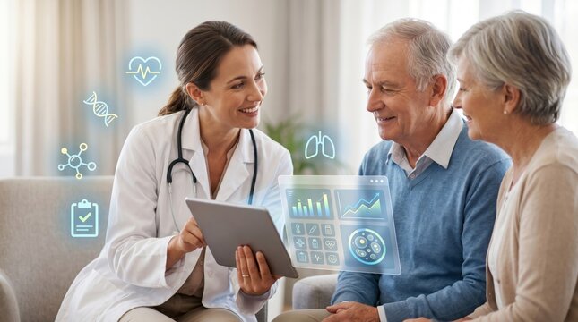 Smiling female doctor consulting elderly couple using tablet with holographic health metrics, representing personalized medicine, telehealth and digital wellness for senior care