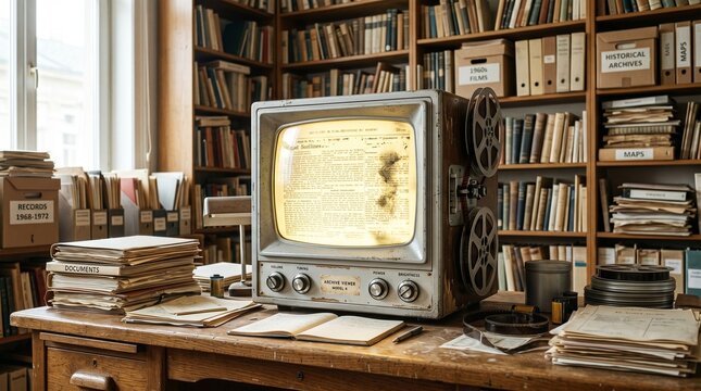 Vintage microfilm archive reader displaying historical documents on a wooden library desk surrounded by stacks of old records with projected document cluttered