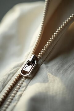 Close-up view of a partially opened zipper on off-white fabric, showcasing the subtle texture and metallic slider detail