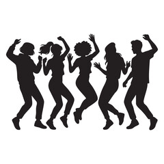 Fototapeta premium Dancers Silhouette Group Celebrating with Energetic Poses and Joyful Movement. Dynamic Figures in Black Outline, Party Atmosphere.