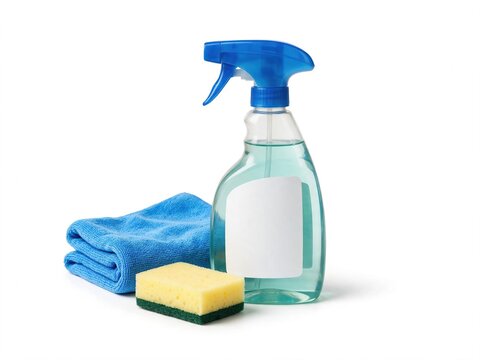 Cleaning spray bottle with microfibre cloth and sponge.