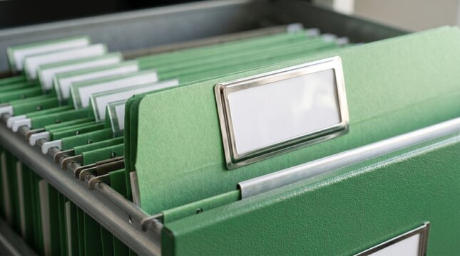 Organized green hanging file folders neatly arranged in a metal office drawer for efficient document storage and professional business record management