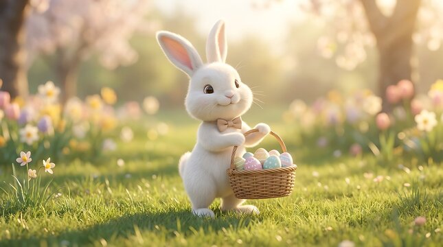 Adorable white rabbit carrying a basket of colorful easter eggs in a spring garden