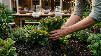 Fototapeta premium Harvesting Fresh Garden Greens Preparing A Wholesome Outdoor Meal In The Backyard