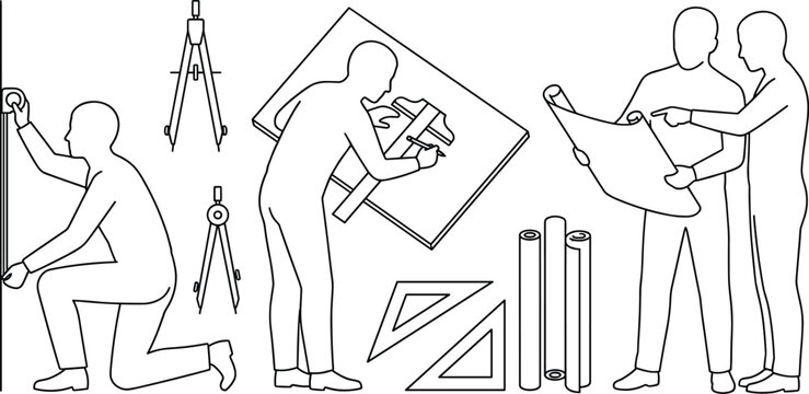 Architect and Drafting Tools Line Art Set with Blueprint Planning Vector Illustration