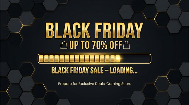 Black Friday sale banner with golden honeycomb pattern and loading progress bar on dark background