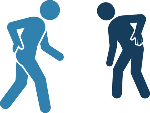 Two figures in profile looking down with one person bending over in a silhouette style