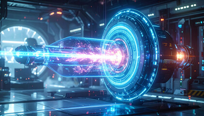 Futuristic sci fi laboratory scene with glowing energy beam and technology
