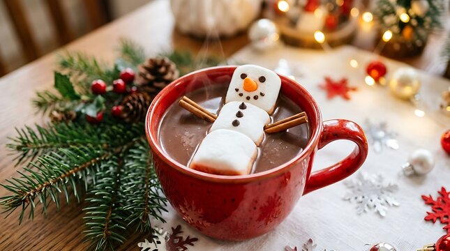Festive hot chocolate with a snowman marshmallow and winter holiday decorations on a wooden table