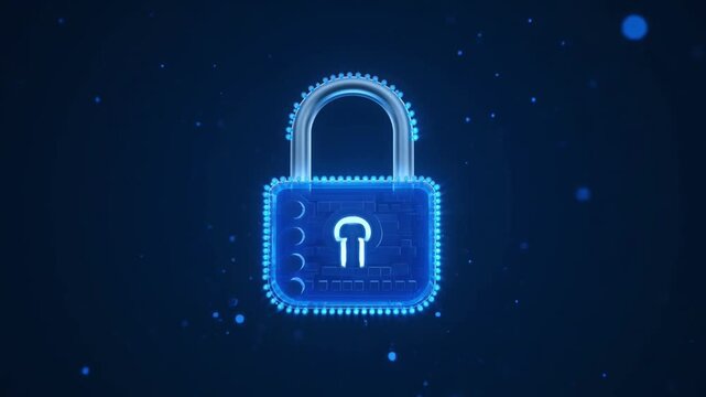 Abstract digital padlock representing advanced cybersecurity, data security, and online privacy. Secure information technology and internet protection concept with glowing blue icon