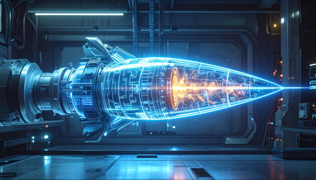 Futuristic rocket design with glowing energy inside a laboratory setting
