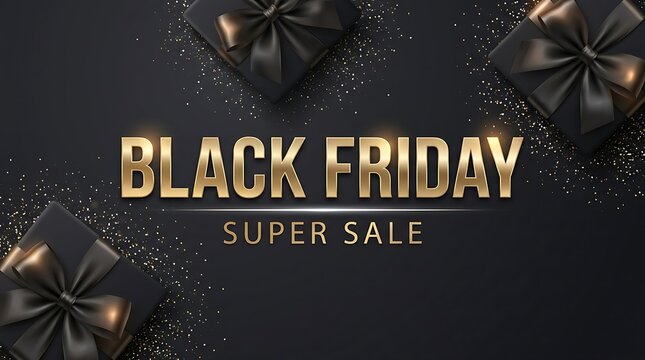 Black Friday super sale banner with golden text and elegant black gift boxes with bows