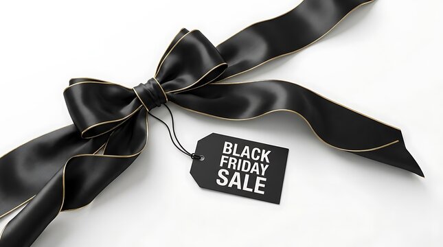 Black satin ribbon bow with a black friday sale tag on a white background
